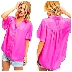 New Collared Short Sleeve Button Down Loose Fit Blouse